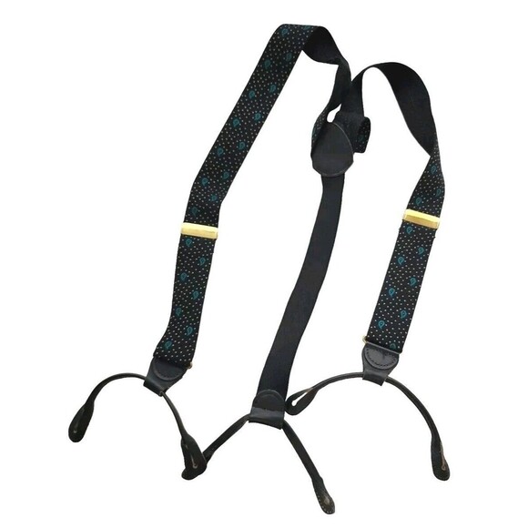 Men's Vintage Y Style Genuine Leather Suspenders, Snaps Clips Button Black Green - Picture 1 of 7
